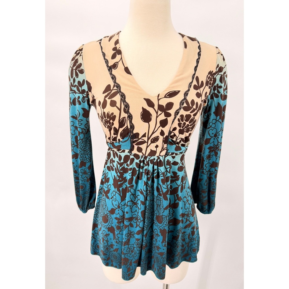 Janette John 3:16 Floral Tunic Top Womens Medium Blue Tan Boho Lace Trim